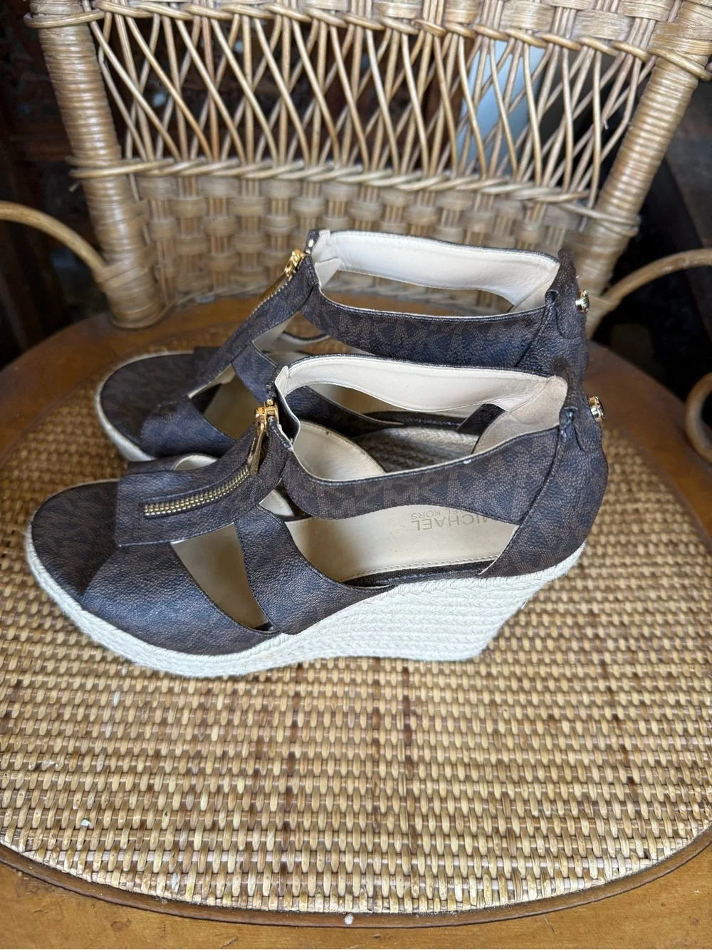 Michael Kors Dark Brown Signature Canvas Espadrille Wedge Sandals with Gold Zip